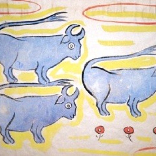 Thelma Johnson Streat :: 3 Blue Bulls :: 8 1/4 x 9 :: Colored Pencil Sketch