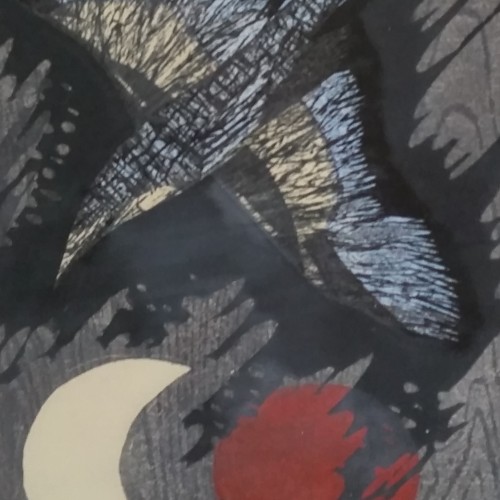 Tamami Shima (1937 - 1999) :: Bird with crescent moon and rising sun :: 10 x 14 1/2