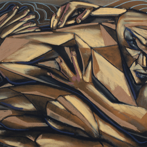 ARTIST: RIC HALL & RON SCHMITT : TITLE: Cubistic Embrace : YEAR: 2000 : DIMENSIONS: H 18 W 24 : MEDIAN: pastel on pastel paper
