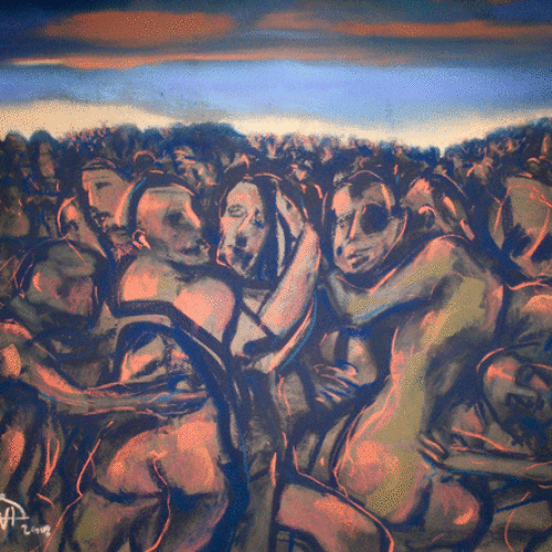 ARTIST: RIC HALL & RON SCHMITT TITLE: Riots Of The West Cultural Misunderstandings: YEAR: 2000 : DIMENSIONS: H 18 W 24 : MEDIAN: pastel on paper