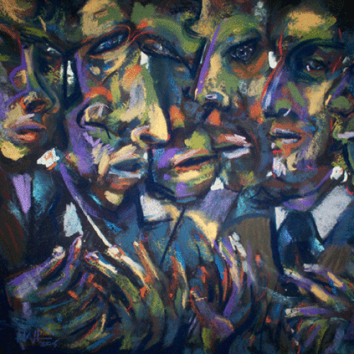 ARTIST: RIC HALL & RON SCHMITT : TITLE: DEBATE YEAR: 2005 : DIMENSIONS: H 18 W 24 : MEDIAN: pastel on paper