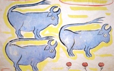 Thelma Johnson Streat :: 3 Blue Bulls :: 8 1/4 x 9 :: Colored Pencil Sketch