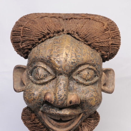 Bamun mask, Cameron, Pounded bronze over wood with iron nails