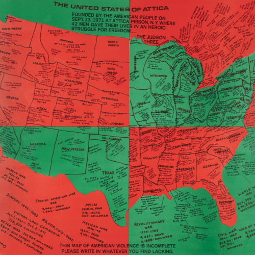 Ringgold United States Of Attica l 1972 l offset print on paper l 22 1/2x27 1/2 l 1972