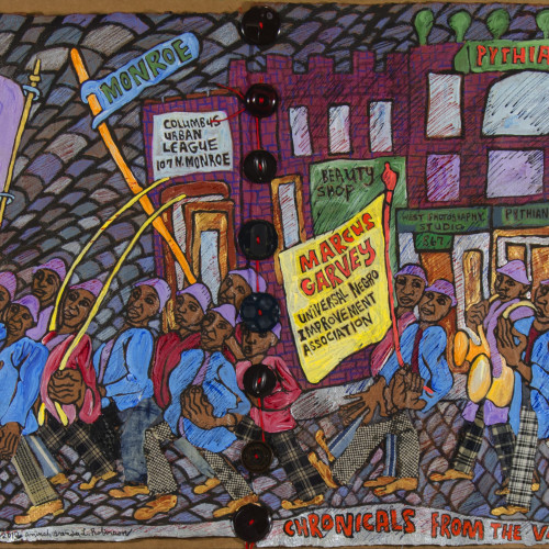 Robinson Chronicles from the Village Series Marcus Garvey Parade Mixed media on paper l 18X43 1/2 l 2010-2012