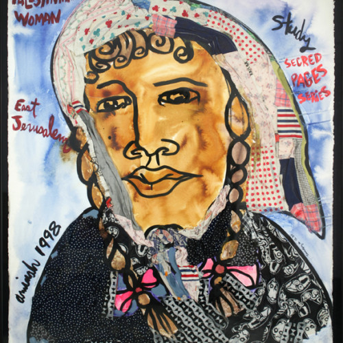 Robinson-People-of-the-Book-Palestinian-Woman Watercolor and gouache on heavy stock w/ fabric 43 1/4x32 1/2 1999